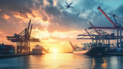 Obraz premium A bustling modern port waking up to the first light of day, with cranes and ships ready for loading under a brilliant sunrise, symbolizing the dawn of a new era in global commerce