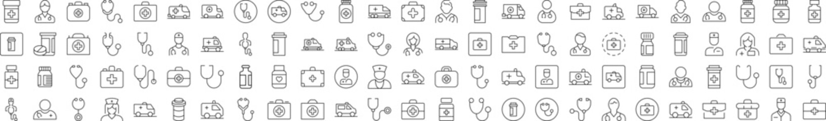 Doctor, Hospital, Stethoscope, Ambulance, Drugs Related Linear Signs Drawn with Thin Line for Interface, Booklets, Cards, Posts, Infographics