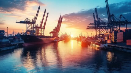 Obraz premium A bustling modern port waking up to the first light of day, with cranes and ships ready for loading under a brilliant sunrise, symbolizing the dawn of a new era in global commerce