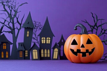 Halloween background with copy space. Halloween banner with Jack-o-Lantern pumpkin and gothic houses on purple background. with generative ai
