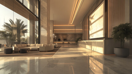 A modern hotel lobby with a big, empty space on the wall for ads. The lobby has marble floors and big windows, making it perfect for showcasing a company's message.