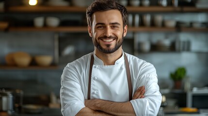 Fototapeta premium A smiling chef stands in a kitchen with apron on and arms crossed