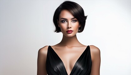 Fototapeta premium studio portrait of a brunette model with short hair wearing a low cut black dress with nude shoulders on white background, fashion photography 