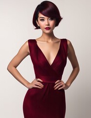 Fototapeta premium studio portrait of a brunette model with short hair wearing a low cut red bordeaux dress with nude shoulders on white background, fashion photography 