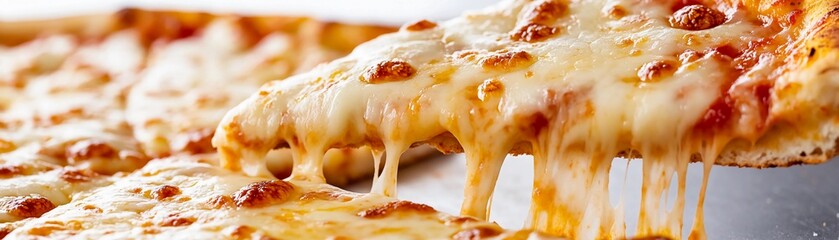 A close-up of a cheesy pizza with one slice being pulled away, stretchy melted cheese