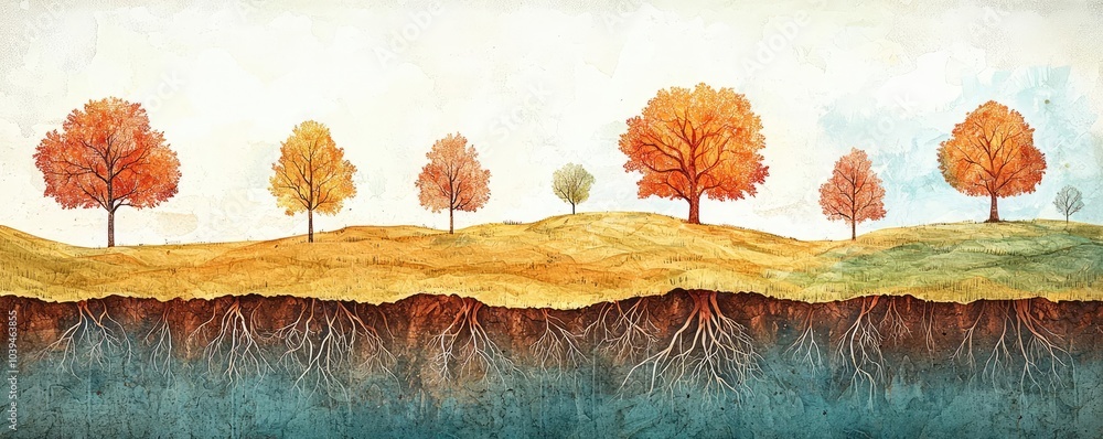 Poster colorful autumn trees with roots in soil on a painted background.