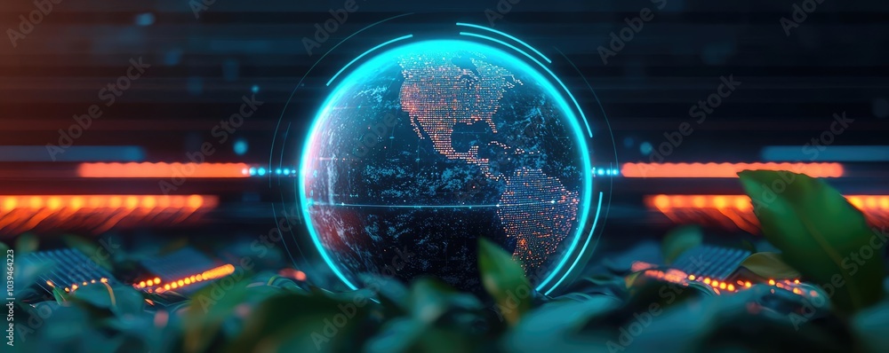 Poster a digital globe surrounded by technology and greenery, representing global connectivity.