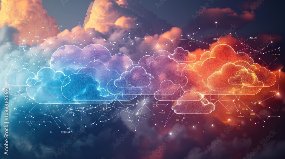 Poster digital world visualization, interconnected data streams, cloud computing icons, modern gadgets, vib