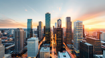Fototapeta premium modern city skyline featuring towering skyscrapers, vibrant sunset, and bustling streets. scene captures essence of urban life and architectural beauty