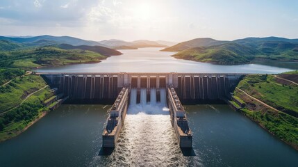 Obraz premium Aerial view of a large dam with flowing water and surrounding lush green hills.