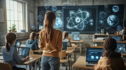 Future Classroom: Teacher Conducting a Holographic Science Lesson, Empowering Students Through Interactive Digital Exploration, Interactive Digital Education in Modern School
