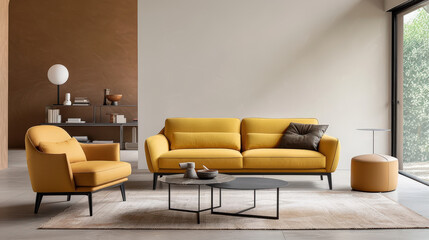 Fototapeta premium modern living room featuring vibrant yellow sofa and armchair, complemented by stylish coffee table and minimalist decor. warm tones create cozy atmosphere