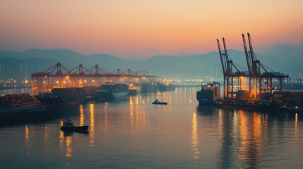 A bustling port at dawn, where containers are loaded onto ships under the soft light of dawn, highlighting the interconnectedness of trade routes globally