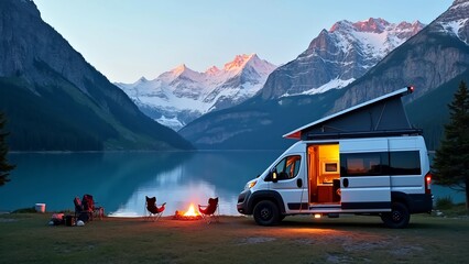 A camper van parked by a pristine mountain lake, with towering snow-capped peaks in the background