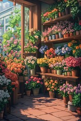 Vibrant Flower Shop Interior with Colorful Potted Plants and Sunlight Streaming Through Large Windows
