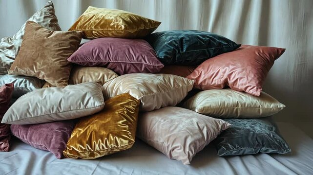 A pile of soft, velvet pillows in various colors rests on a bed, ready for a cozy afternoon