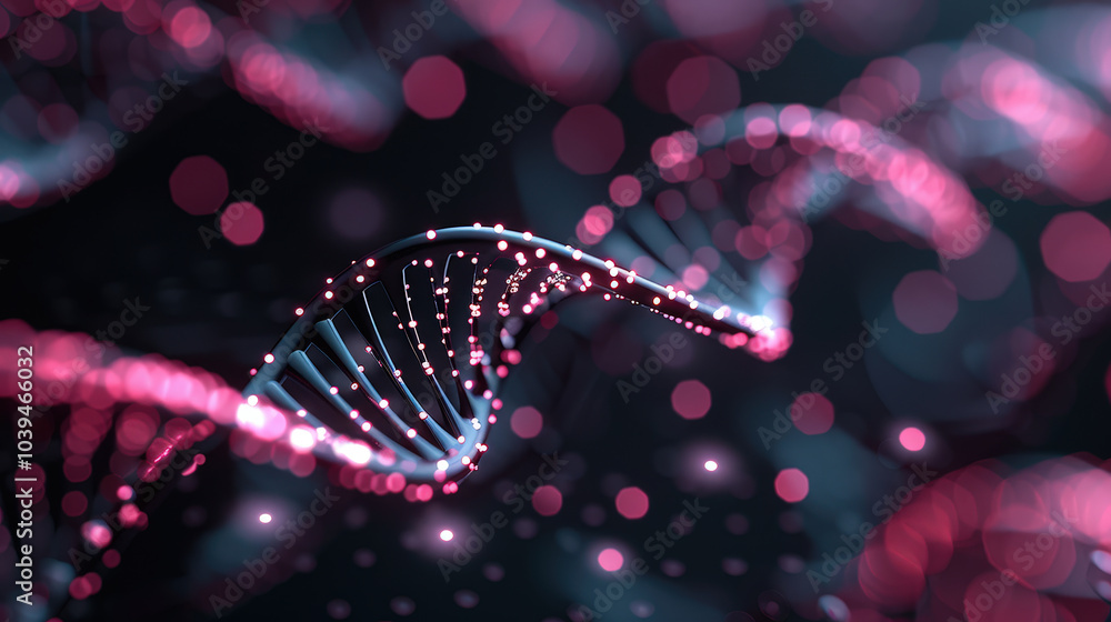 Poster vibrant molecular structure showcasing dna strands floating in dark background, illuminated by pink 