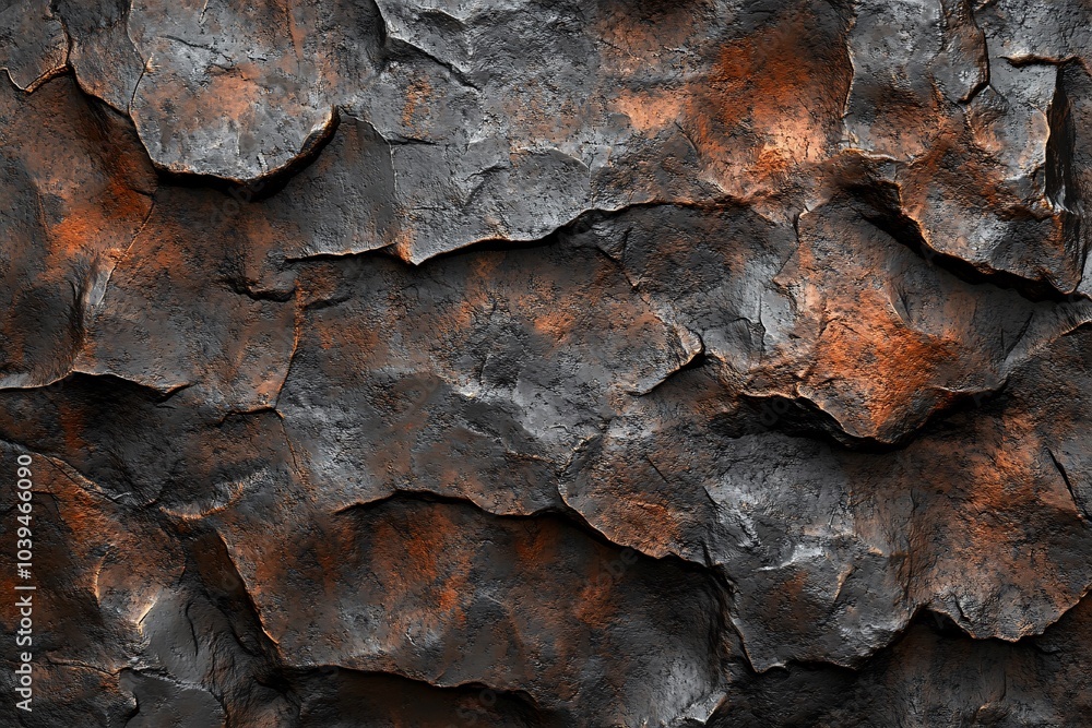 Poster a close-up view of textured, rugged rock surface showcasing a blend of dark gray and rust-like orang