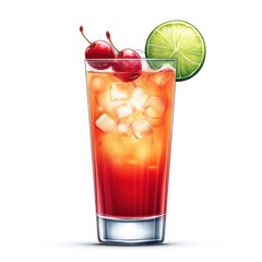 A refreshing cocktail served in a tall glass with cherries and a lime slice.
