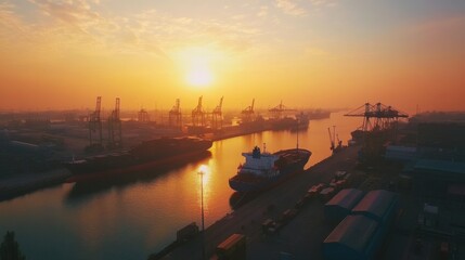 Naklejka premium A bustling port at dawn, with cargo ships being loaded under a brilliant sunrise sky, symbolizing the robust global trade
