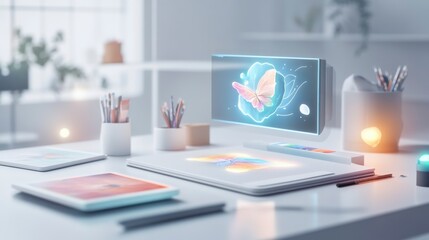 Fototapeta premium Modern Creative Workspace with Holographic Display