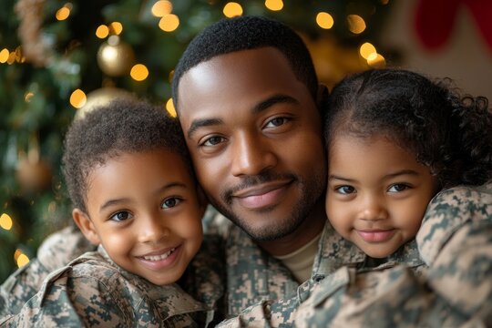 Army soldier playing with his kids at Christmas, Generative AI