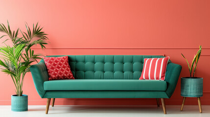 pale green sofa with teal cushions adds touch of comfort to vibrant coral wall, complemented by stylish plants and decorative pillows, creating cozy atmosphere