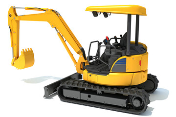 Tracked mini excavator construction machinery 3D rendering on white background	