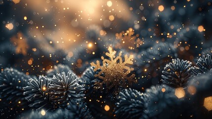 Black and Gold Winter Background, Golden snowflakes, A magical winter scene.