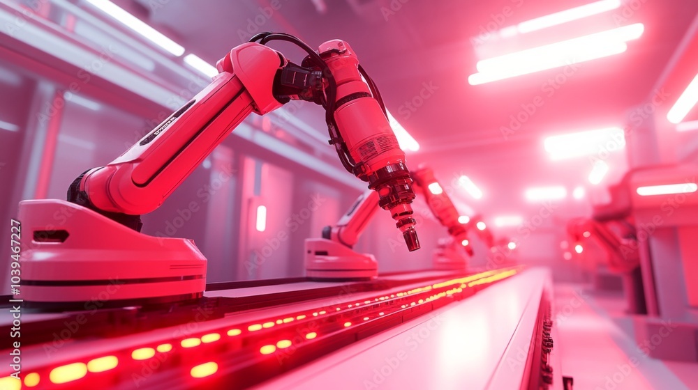 Poster futuristic automation with robotic arms in action