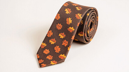 A beautifully crafted Thanksgiving tie with a fall leaves pattern takes center stage, exuding elegance with its warm tones of orange and brown. The leaves, rendered in a detailed yet subtle style,