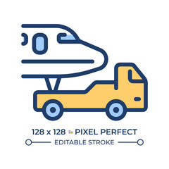 Aircraft towing RGB color icon. Airplane and tow tractor. Moving plane for maintenance. Aviation services. Isolated vector illustration. Simple filled line drawing. Editable stroke