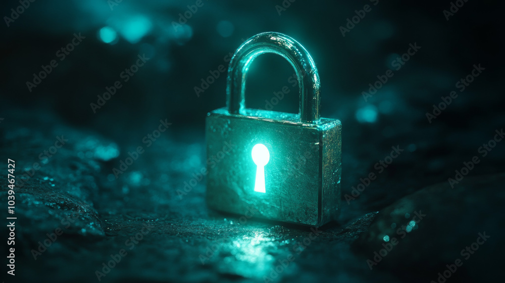 Poster a shiny, digital padlock glows in the dark. this image represents the idea of keeping things safe an