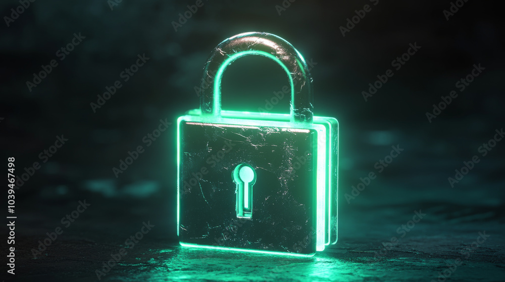 Poster a shiny, digital padlock glows in the dark. this image represents the idea of keeping things safe an