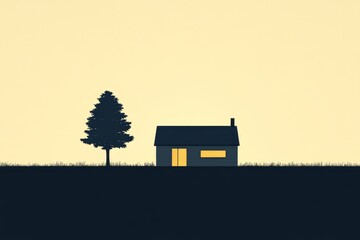 Naklejka premium Silhouette of a minimalist house and tree against a glowing golden sunset creating a peaceful and serene evening landscape with simplicity and balance