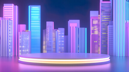 Obraz premium A round podium with a background of cyberpunk city