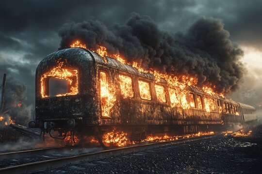 A burning train car engulfed in flames under a stormy sky, showcasing dramatic smoke and fire effects in a post-apocalyptic landscape.