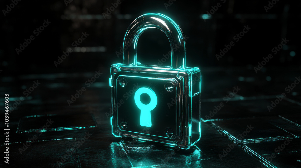 Poster a shiny, digital padlock glows in the dark. this image represents the idea of keeping things safe an