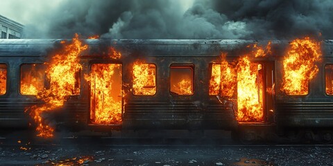 A train engulfed in flames, showcasing a dramatic scene of fire and smoke against a darkened sky.
