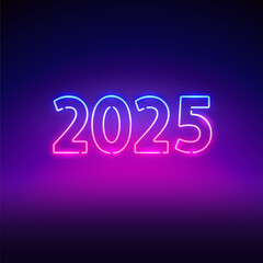 Happy New Year 2025 Neon Sign. Vector illustration for Holidays projects.