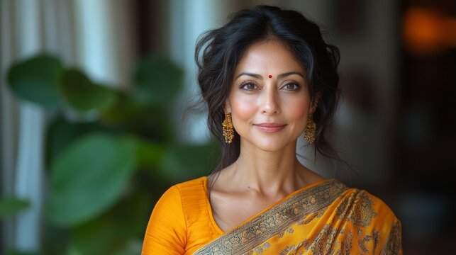 A woman wearing a yellow sari with gold earrings and a smile on her face - Powered by Adobe