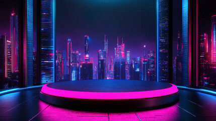 A round podium with a background of cyberpunk city