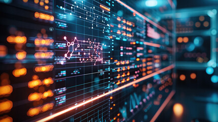 Fototapeta premium A close-up shot of a high-tech computer screen displaying complex scientific data, graphs, and molecular structures in a brightly lit modern laboratory, creating a sense of innovation and discovery.