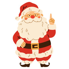 Flat vector illustration in children's style. Cute santa claus pointing with his hand. Christmas illustration on white background. . Vector illustration