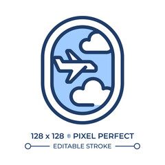 Aircraft porthole RGB color icon. Plane in clouds outside window. In-flight experience and scenic view during travel. Isolated vector illustration. Simple filled line drawing. Editable stroke