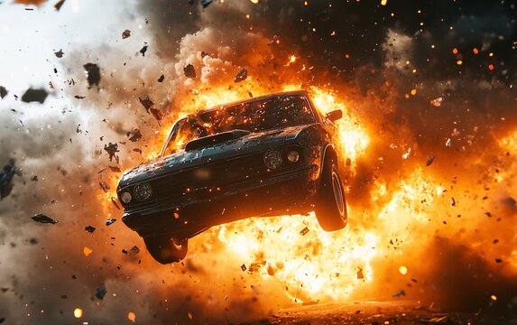 A car jumps through a massive explosion creating dramatic flames and debris. Perfect for action-themed projects or automotive promotions.