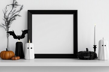 Halloween mock up. Black and white theme. Black frame on white shelf with ghost, candle and pumpkin decoration. with generative ai