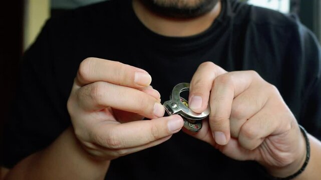 Close up of a man's hands cutting nails using stainless steel nail clipper. Hand manicure with nail clipper. Cutting fingernail on long or dirty fingers. Personal hygiene