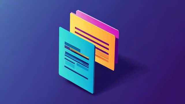 Three colorful documents are stacked on a blue background, creating a simple design