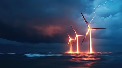Wind turbines illuminated by lightning in a dramatic stormy ocean setting.